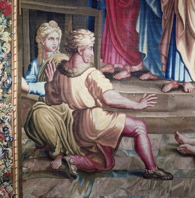 Arazzo raffigurante gli Atti degli Apostoli, la Morte di Anania (dettaglio di due spettatori presi dal terrore), tessuto presso il laboratorio di Beauvais sotto la direzione di Philippe Behagle (1641-1705) da Raffaello Sanzio Raphael